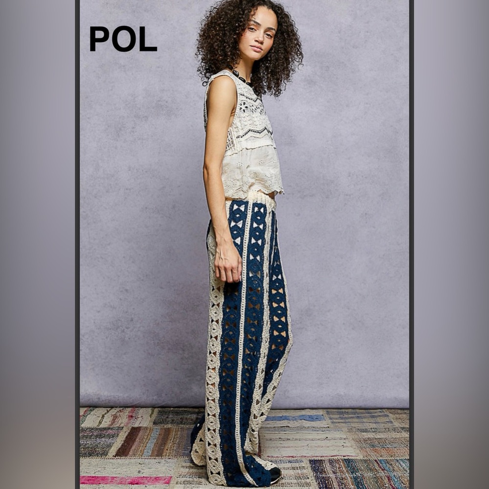 BPB224-9💙🤍NEW! POL preppy+ sassy Blue and Cream Crochet straight leg Pants wow - Picture 4 of 6